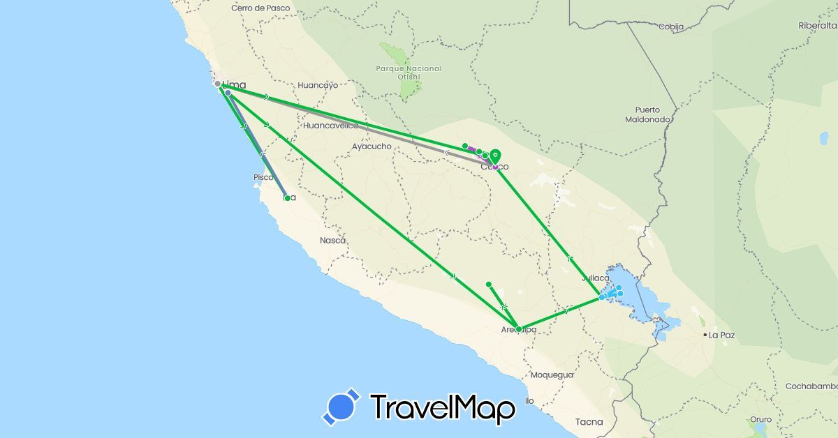 TravelMap itinerary: bus, plane, cycling, train, boat in Peru (South America)